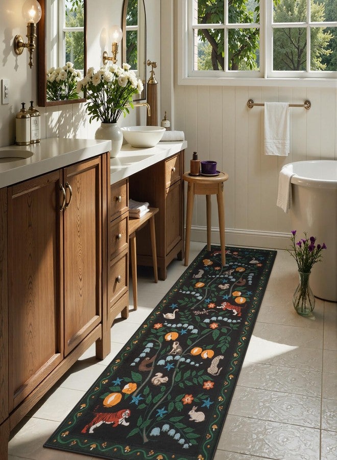 Collive سجاد ممرات كوليف، سجاد مطبخ بنقشة حيوانات الغابة مقاس 2×6، سجاد حمام مانع للانزلاق وقابل للغسل، سجاد أسود ناعم ورقيق للغاية مقاوم للبقع، سجاد داخلي للمداخل وغرف النوم - Image 1